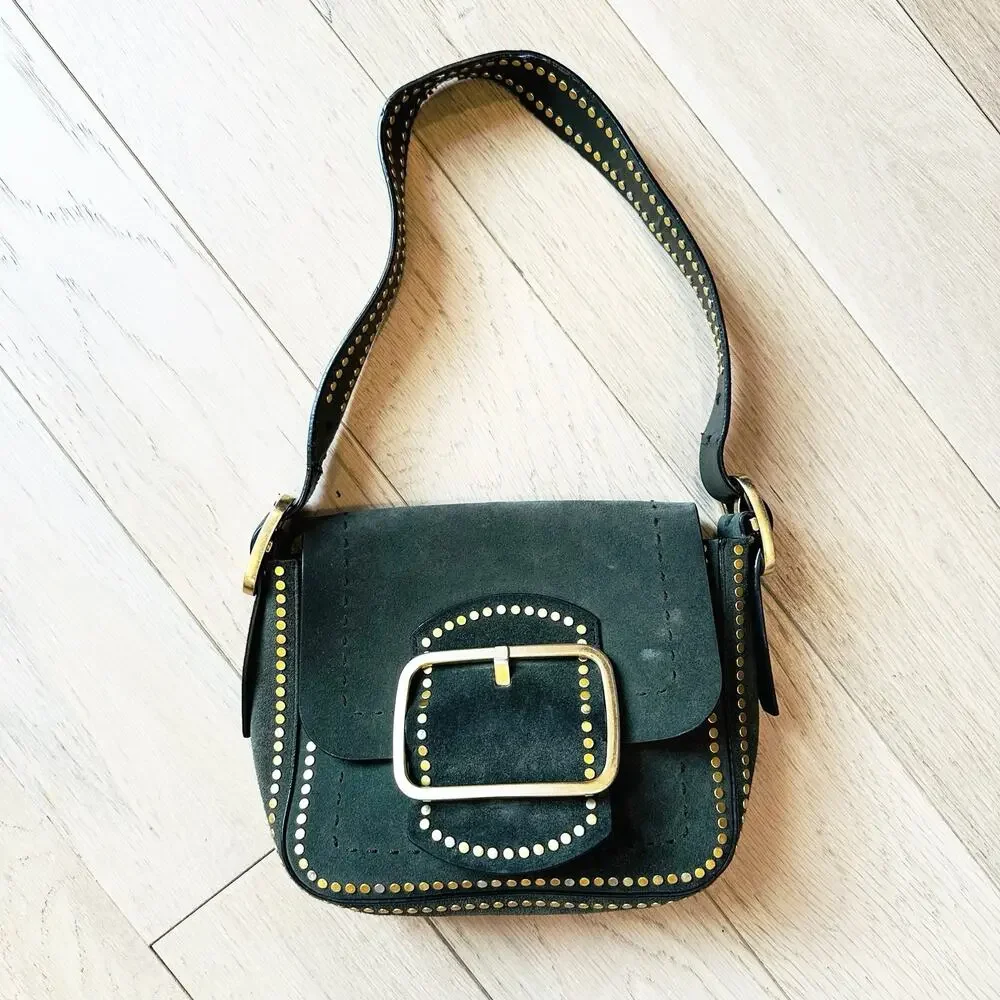 Tory Burch Sawyer Small Suede Shoulder Bag Green Gold Stud Buckle Purse - Picture 1 of 11